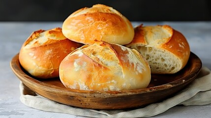   Wooden bowls on white cloths with bread rolls stacked inside