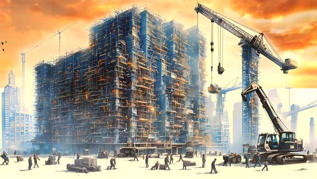 Detailed animation of construction vehicles erecting a modern building. Continuous time-lapse loop.