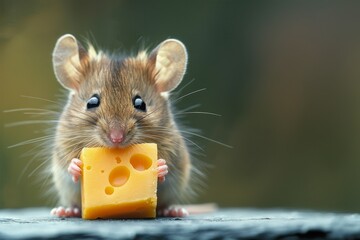 Fototapeta premium A small mouse holding a piece of cheese. 