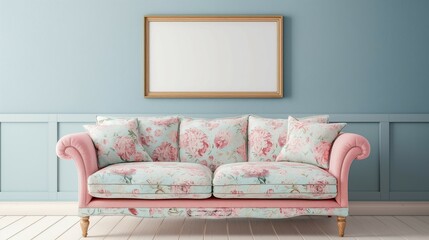 Frame mockup, floral classic sofa, stylish and elegant style home living room interior, wall poster frame