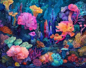 A vibrant watercolor painting of a coral reef, showcasing colorful marine life and intricate elements in the background Generative AI