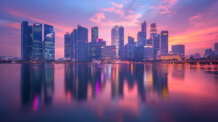  This photo captures a city as seen from a large body of water highlighting the urban landscape against the backdrop of a vast expanse of water Singapore skyline with Marina Bay Sands, Generative AI