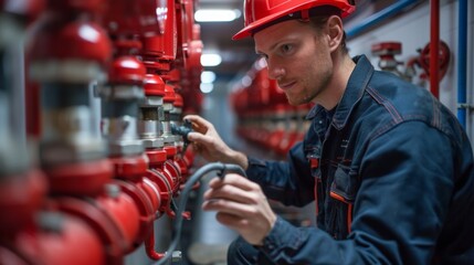 A plumber working on the fire suppression system in a commercial building.