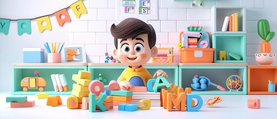 Animated young boy in a clay style, happily playing with colorful alphabet blocks in a well-organized playroom setting.
