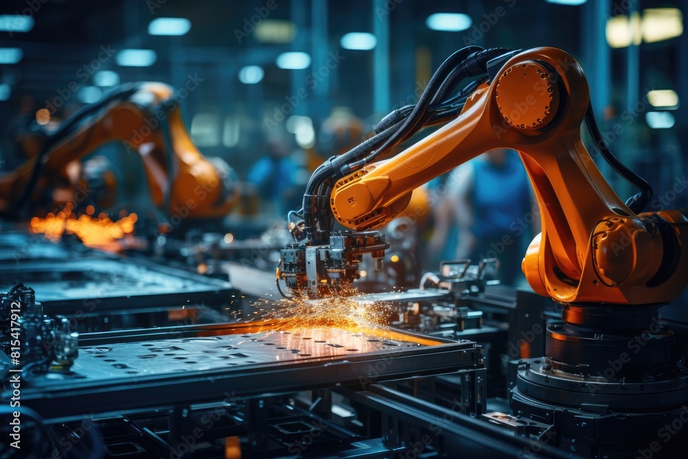 Leinwandbilder robotic arm for electronic assembly line. smart modern factory automation using advanced machines.
