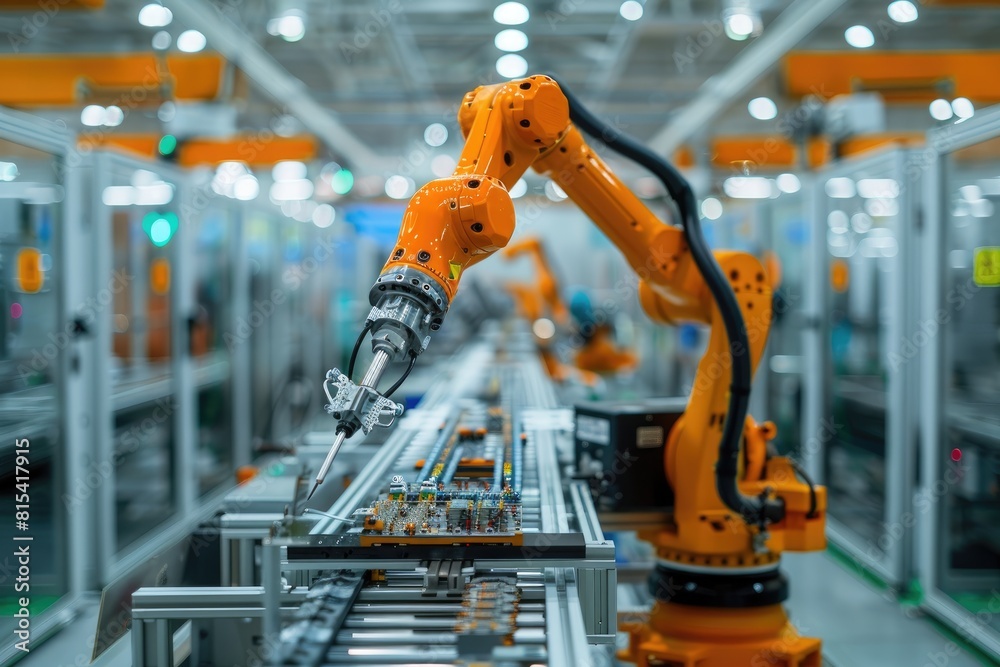 Fototapete Robotic arm for electronic assembly line. Smart modern factory automation using advanced machines.