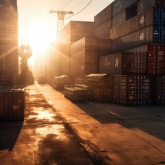 Sunset at busy cargo container terminal