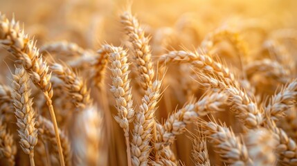 Fototapeta premium Wheat field. Ears of golden wheat closeup. Harvest concept.