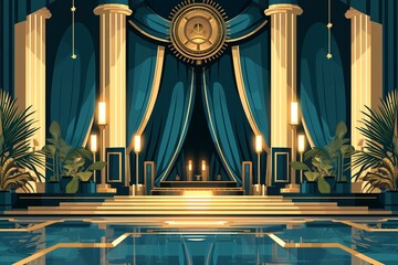 Behind the scenes flat design front view movie set theme water color Triadic Color Scheme,