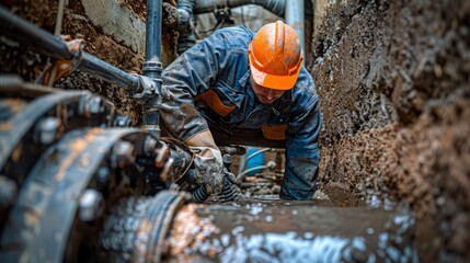 A plumber working on a sewage lift station in a residential area.