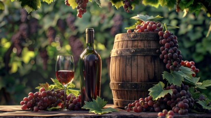 Wine bottles, glasses, grapes, and barrel against a scenic vineyard backdrop. Iconic symbols of...