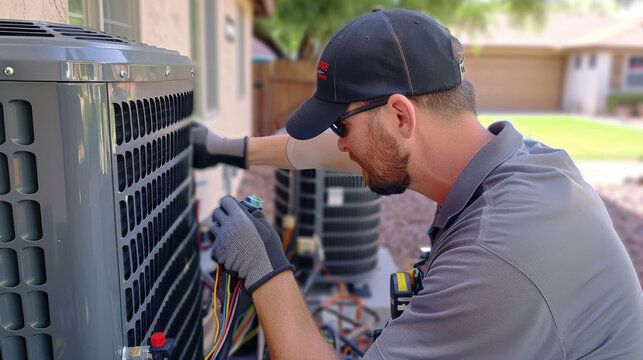 A plumber working on a central air conditioning unit condensation drain.
