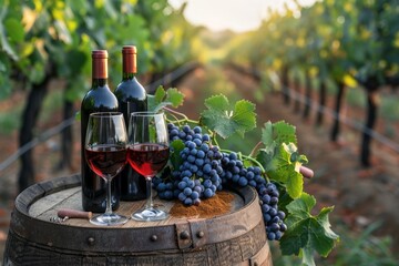Fototapeta premium Wine bottles, glasses, grapes, and barrel against a scenic vineyard backdrop. Iconic symbols of winemaking amidst lush vines.