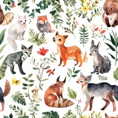 Fototapeta premium Watercolor Forest Animals Pattern