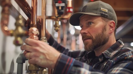 A plumber upgrading an old copper plumbing system with modern PEX tubing.