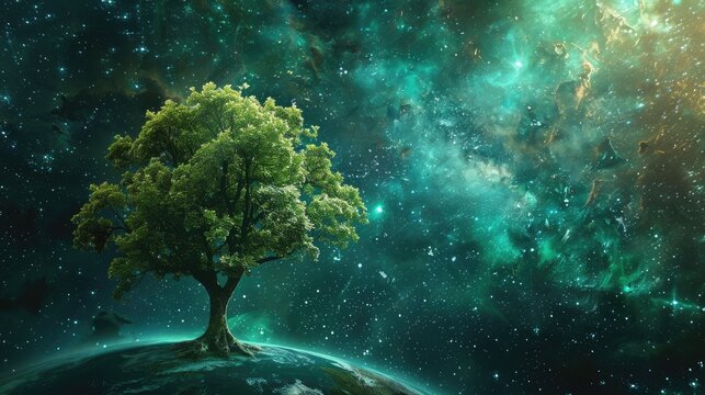 Embrace the vision of a verdant world a harmonious blend of nature and cosmos with planet Earth adorned by a majestic tree against the vast backdrop of space Let s unite in the call to actio
