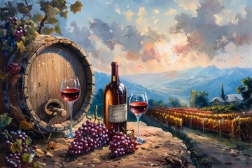 Wine bottles, glasses, grapes, and barrel against a scenic vineyard backdrop. Iconic symbols of...