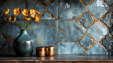 Fototapeta premium Sophisticated ceramic tile with a minimal gold clover leaf pattern