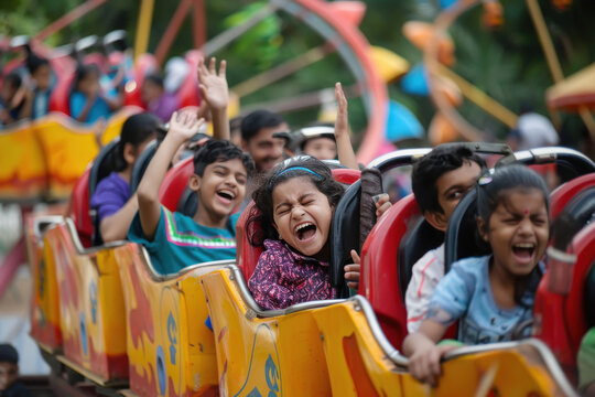children and adults enjoying in the ride of roller coaster