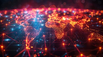 A computer generated image of a globe with a red and blue background