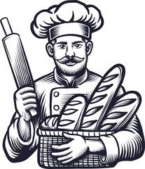 Baker wearing chef hat and uniform holding basket of Breads and rolling pin  Vintage woodcut engraving style vector illustration. Outline Sketch ink design