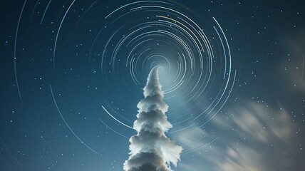 Obraz premium Spirals of smoke shooting up into a starry night sky, top view, 