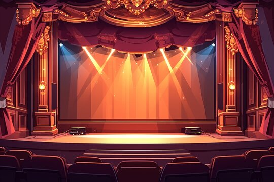 Theater stage flat design top view Shakespeare play theme cartoon drawing Complementary Color Scheme,