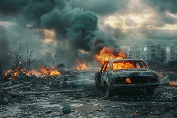 The car is burning in an abandoned, desolate city. Doomsday’s concept