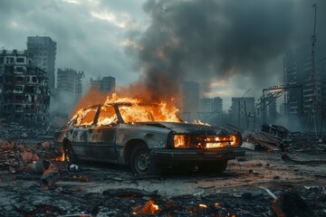 The car is burning in an abandoned, desolate city. Doomsday&rsquo;s concept
