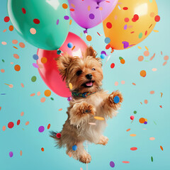 Cute funny dog with colorful balloons and confetti on blue background