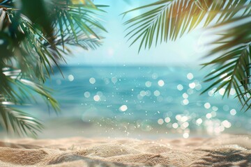 Tropical beach scene: golden sand, azure sea, palm leaves. Summer ambiance captured with defocused background and glittering sunlights.







