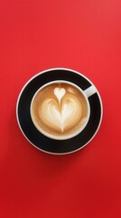 Cupe of coffee with heart shape latte art in the center of red background