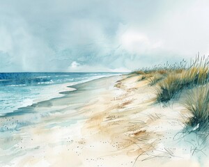 Fototapeta premium watercolor beach scene with soft pastels and colorful elements, creating a peaceful background Generative AI
