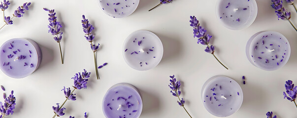 Lavender flower with candles on grey background. with space for text.