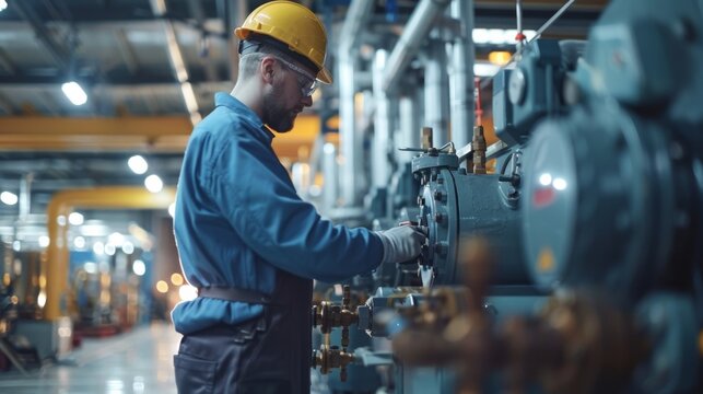 A plumber installing a high-efficiency boiler in an industrial building.