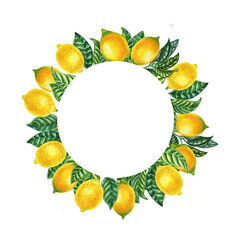 Yellow ripe lemons round wreath frame. Watercolor illustration of citrus fruits and leaves for cards and design. Hand drawn summer invitation.