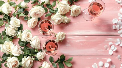 A Valentine s Day greeting card featuring a setup of white roses wine and elegant wine glasses arranged on a soft light pink backdrop against a wooden table The image is captured in a flat 