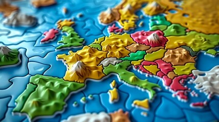 Colorful puzzle pieces forming the map of Europe.