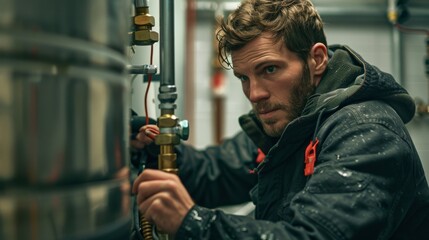 A plumber fitting a continuous flow hot water system in a residential tower.