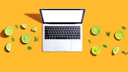 Laptop computer with fresh limes from above