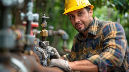 A plumber conducting a backflow prevention test at a municipal water system.