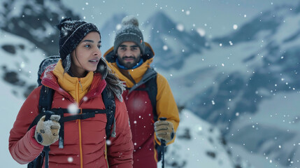 young couple hiking in deep snow