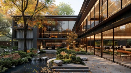Obraz premium An office complex designed with terraces for outdoor meetings.