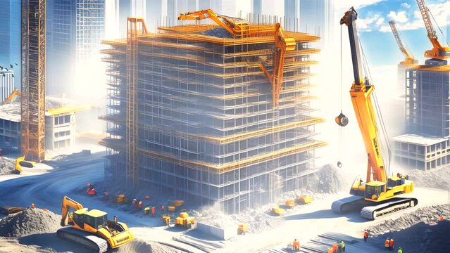 Heavy machinery animation constructing a high-rise building. Looping time-lapse sequence.