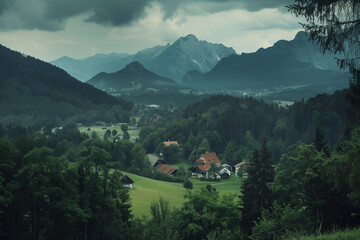 Misty Bavarian Landscape with Alpine Peaks