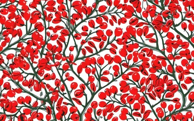 Yew tree branches and red berries pattern. Isolated white background