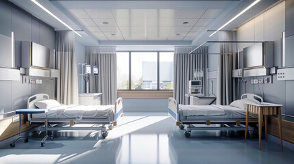 Fototapeta premium A peaceful hospital room with two beds and a window offering a view of nature, creating a serene and calm atmosphere