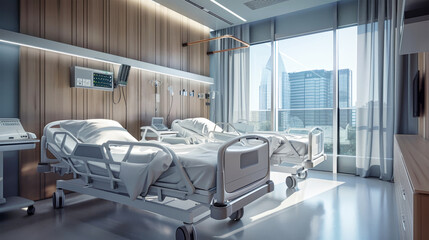Two beds rest peacefully beside a window in a modern hospital room, basking in the suns gentle rays