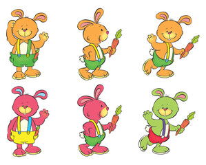 Rabbit characters holding different objects in their hands and from different angles.