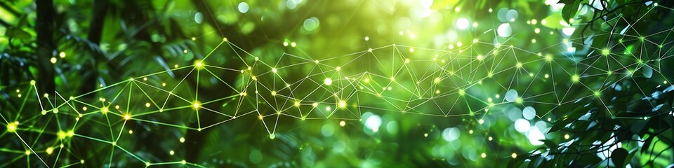 A digital constellation of interconnected nodes in shades of green and yellow